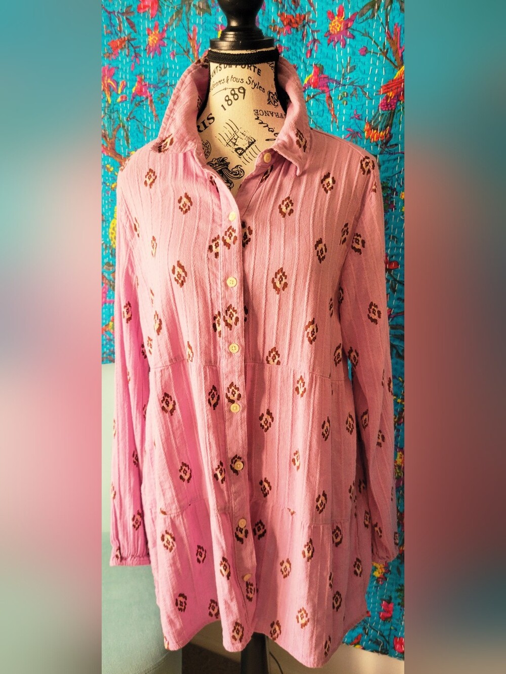 Style & Co. Pink Button-Front Printed Tunic with Brown Accent